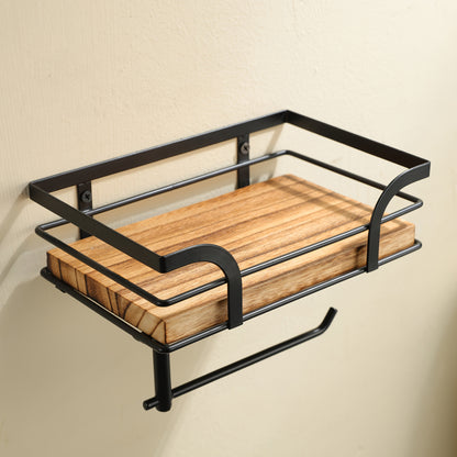Wandplank Badkamer Smeedijzer Hout met Toiletrolhouder 20cm Zwart Toilet Opberger Wc Rek Muurplank
