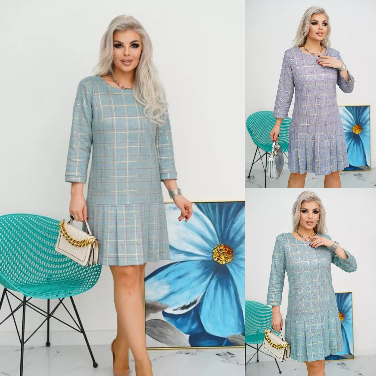 Jurk Geruit A-lijn Charmant met Plooien