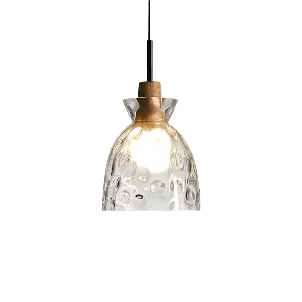 Glazen Hanglamp met Geslepen Koepel en Houten Accenten – Rustieke Eethoekverlichting