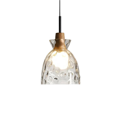 Glazen Hanglamp met Geslepen Koepel en Houten Accenten – Rustieke Eethoekverlichting