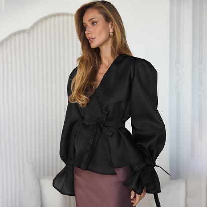 Dames Blouse Wijde Mouwen met Strikceintuur Elegante Look - StudioMarella