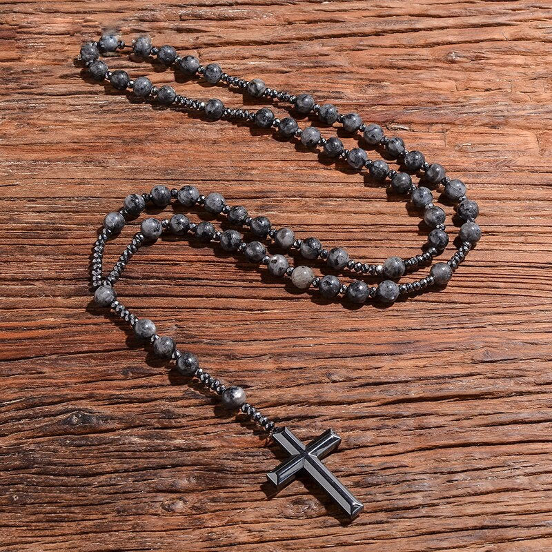 Natuursteen Rozenkrans Ketting met Kruis Hanger voor Mannen Zwart Blauw Groen Grijs