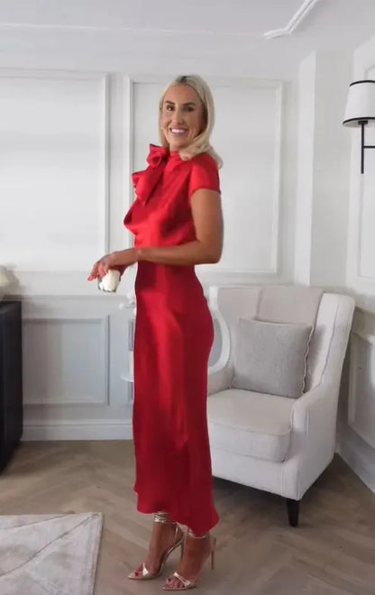 Vrouwen Maxi Jurk Korte Mouwen Met Strik Detail