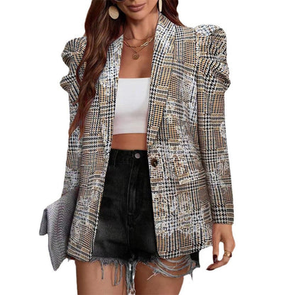 Dames Blazer Geruit Pofmouwen Stijlvolle Pasvorm