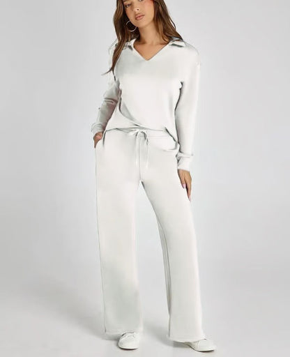 Dames 2-Delige Set met V-Hals Sweatshirt en Wijde Joggingbroek