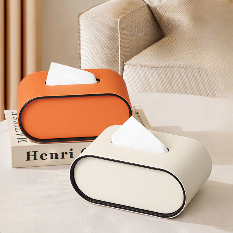 Tissuebox Leer Ovaal 22x13x10cm Woonkamer Bureau Nachtkastje Luxe Tissuehouder Oranje Beige Grijs Decoratief Interieur