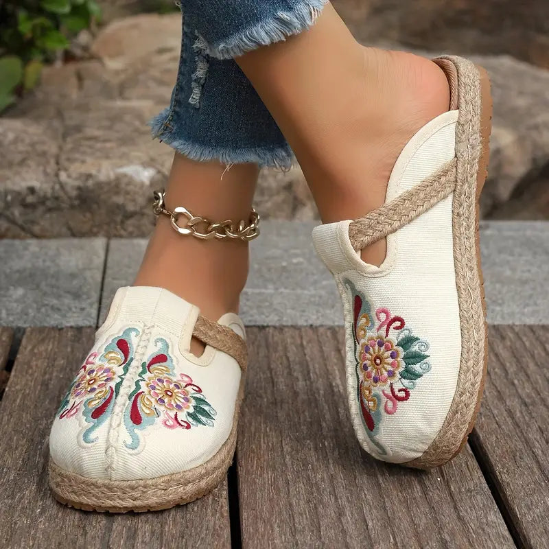 Dames Leer Schoenen Bloemenpatroon Platte Zool