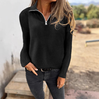 Dames Trui met Halve Rits en Ribbelstructuur Elegante Basislook → Dames Trui Halve Rits Ribbelstructuur Elegante Basislook