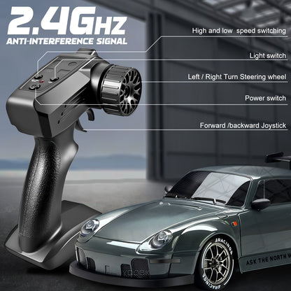 RC drift auto 1:24 4WD grijs met verlichte wielen afstandsbediening extra banden driftauto speelgoed auto usb oplaadbaar
