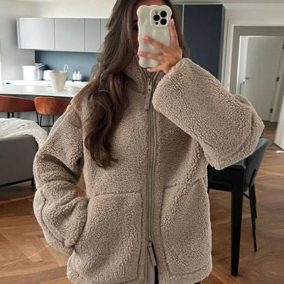 Dames Fleece Jas Warm met Hoge Kraag en Zakken Zwart