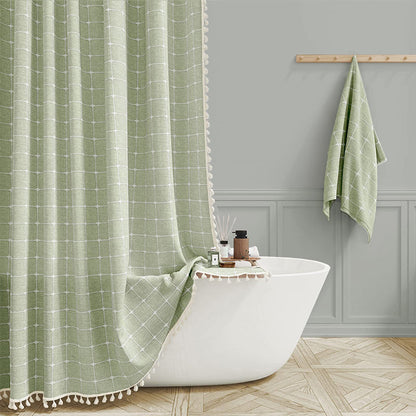 Douchegordijn Linnen Bohemian Waterproof Kwastjes 180x200cm Badkamer Beige Geruit