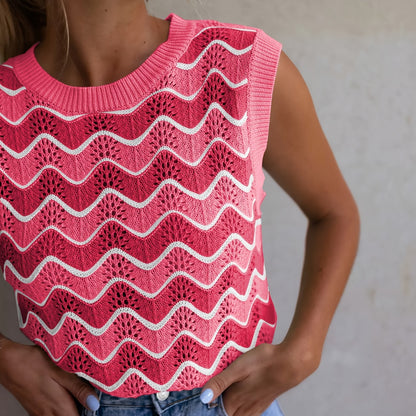 Dames Mouwloos Kabelgebreid Vest Met Contrasterende Halslijn