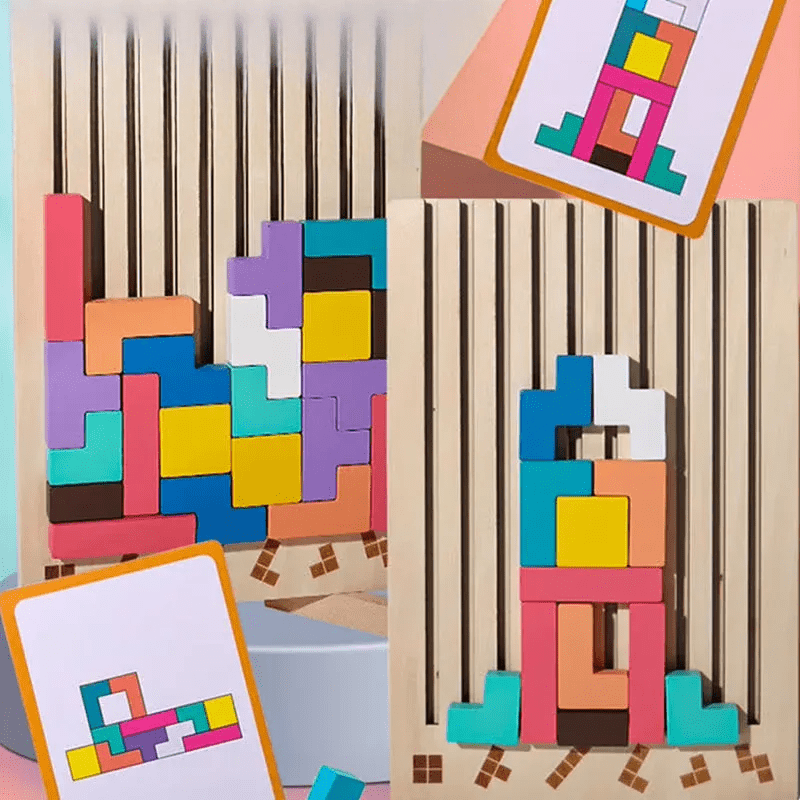 Houten 3D Puzzelspel voor Kinderen – Creatief Tetris Stapelspel met Geometrische Blokken – Ruimtelijk Inzicht & Handcoördinatie