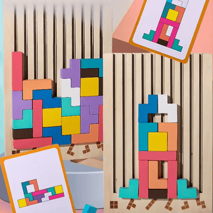 Houten 3D Puzzelspel voor Kinderen – Creatief Tetris Stapelspel met Geometrische Blokken – Ruimtelijk Inzicht & Handcoördinatie
