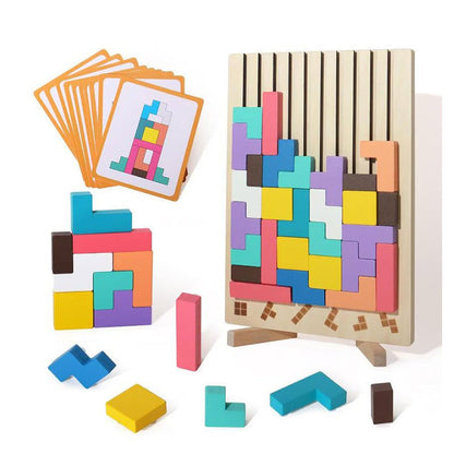 Houten 3D Puzzelspel voor Kinderen – Creatief Tetris Stapelspel met Geometrische Blokken – Ruimtelijk Inzicht & Handcoördinatie