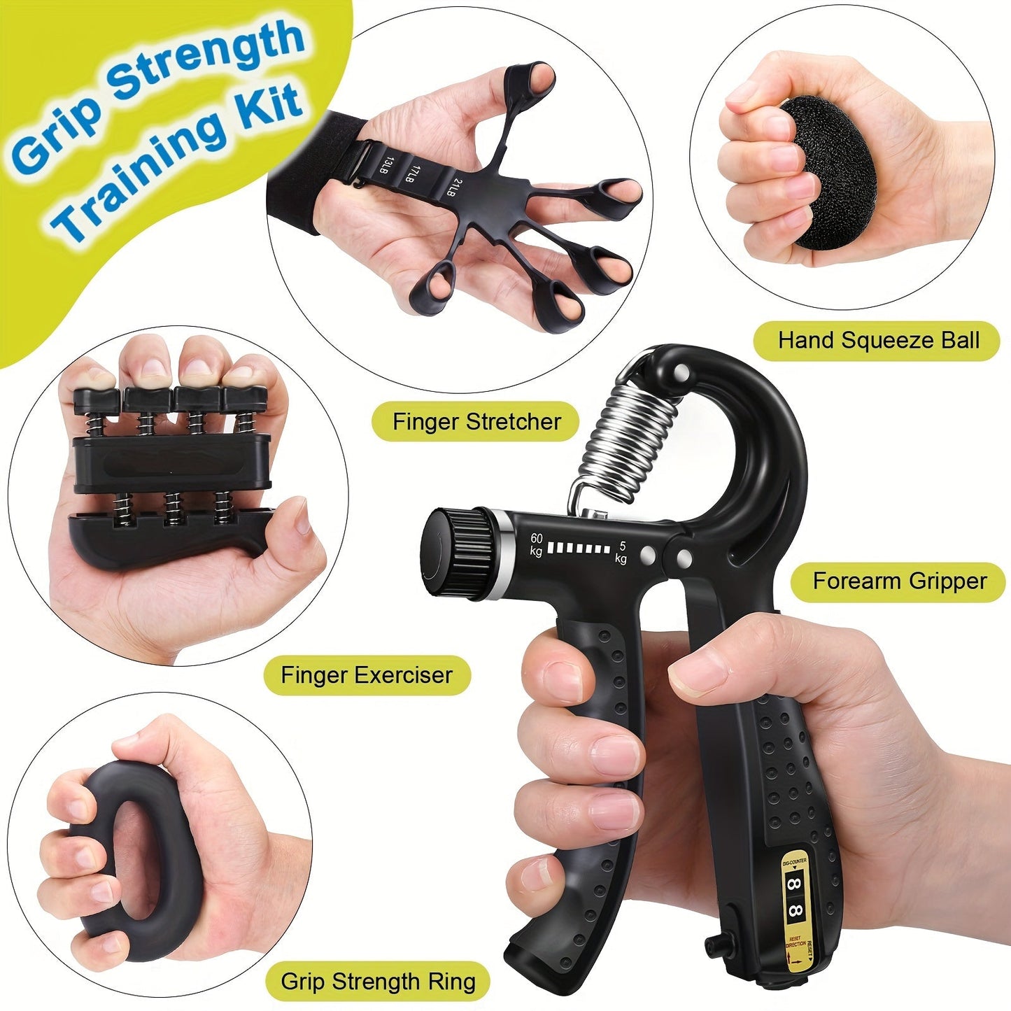 Handtrainer Set 5-in-1 voor Grip en Onderarmkracht Verstelbaar Weerstand met Vingertrainer en Krachtrubberbal