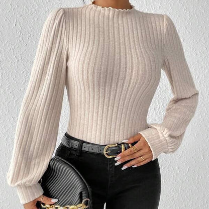 Dames Top met Pofmouwen en Geribde Fit