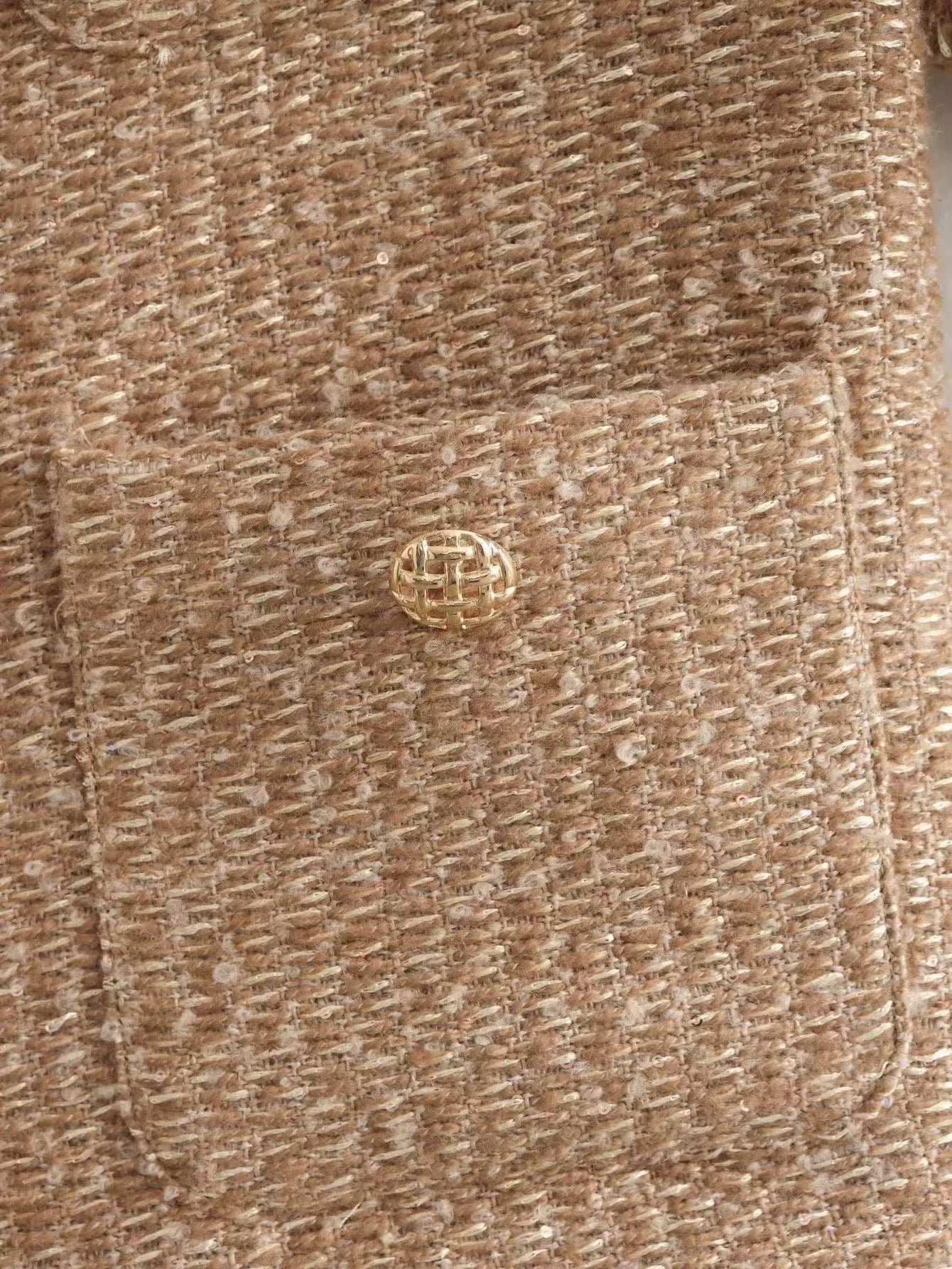 Dames Jas Boucle Stijlvol Goud Geheel Met Zakken