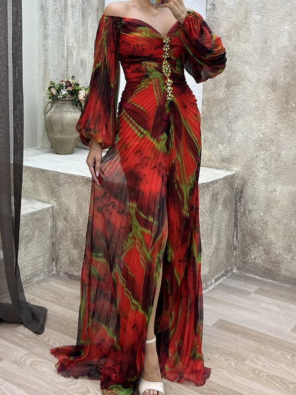 Vrouwen Lange Maxi Jurk met Plooien en Lange Mouwen