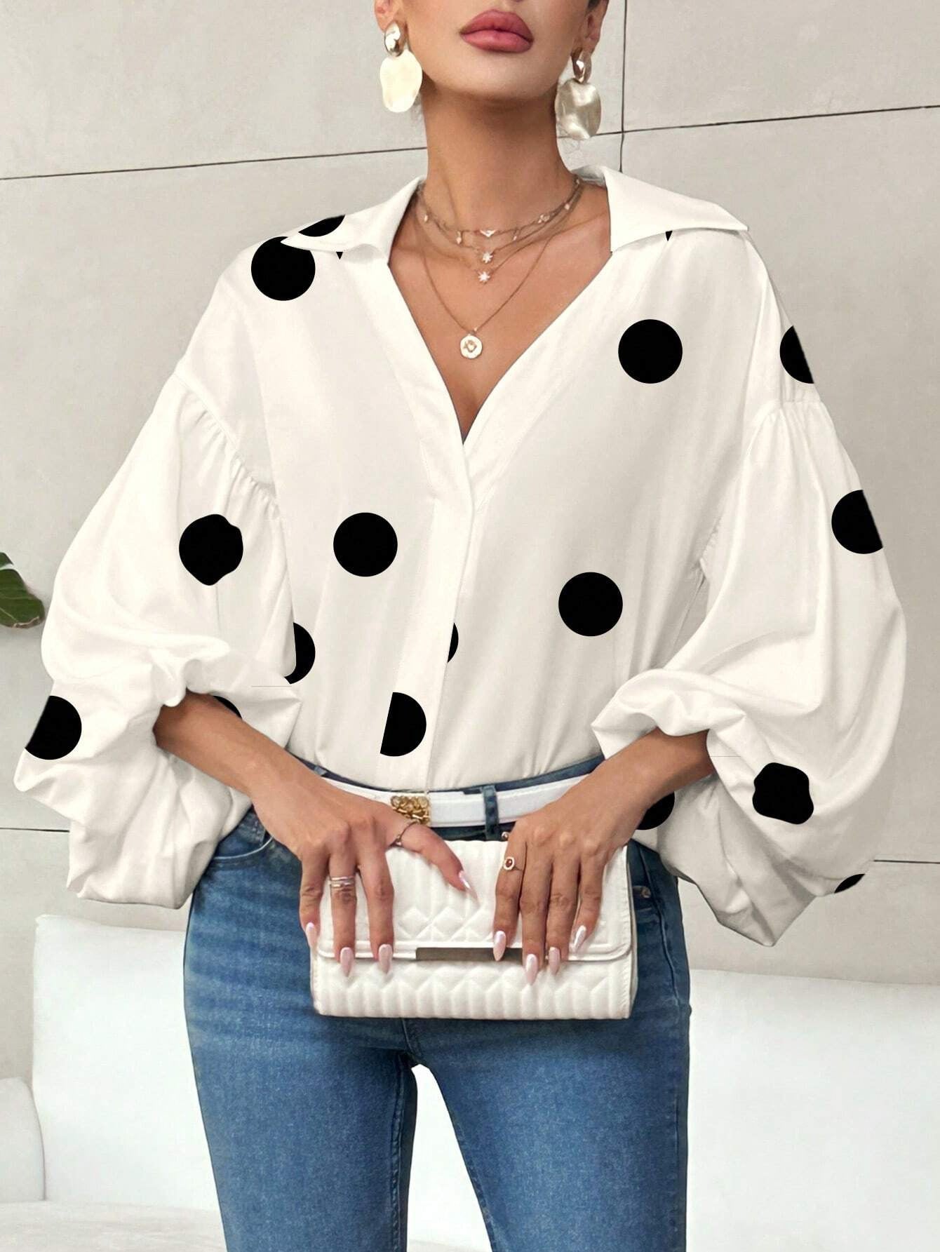 Dames Blouse Grote Polka Dot met Wijd Mouwen - StudioMarella