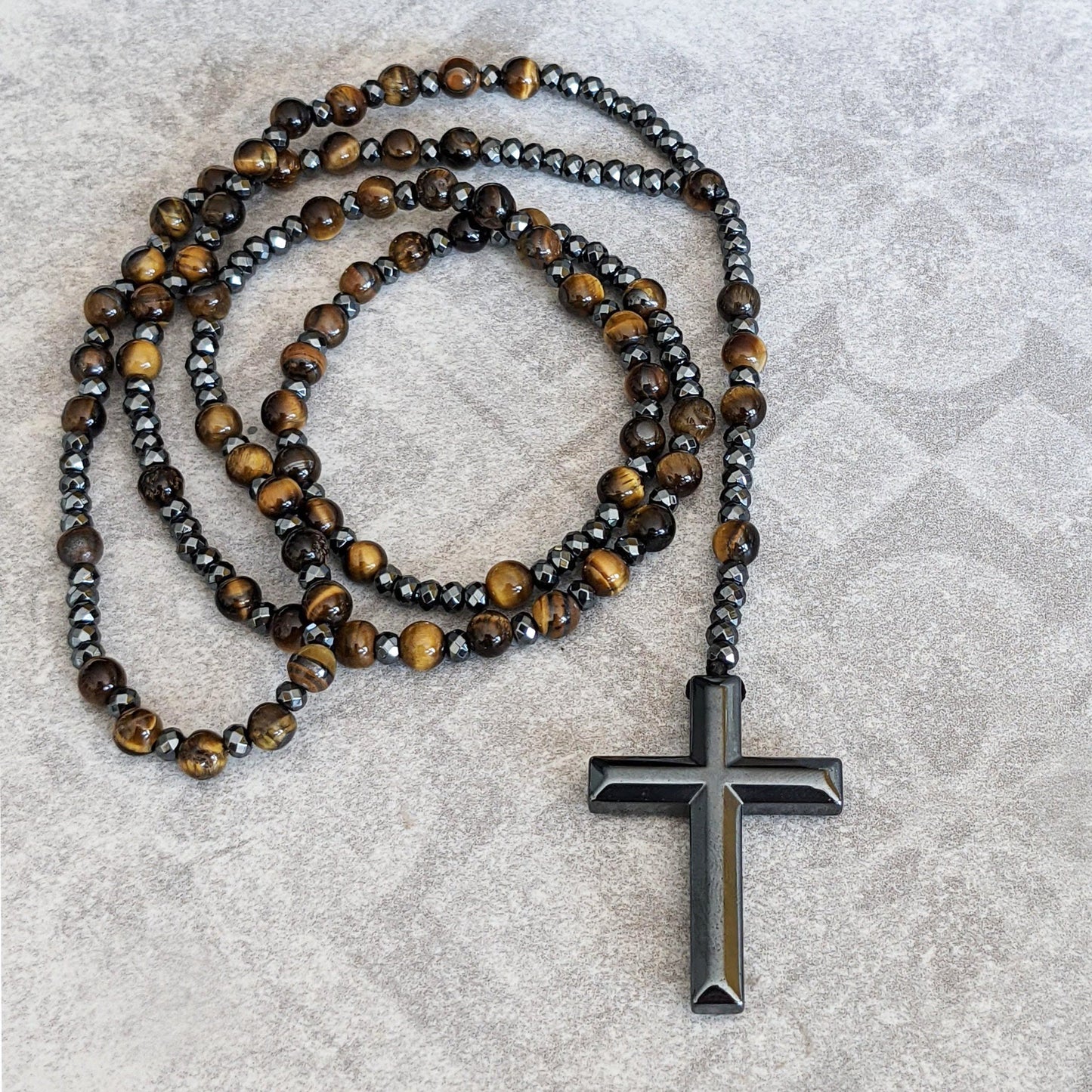 Natuursteen Rozenkrans Ketting met Kruis Hanger voor Mannen Zwart Blauw Groen Grijs