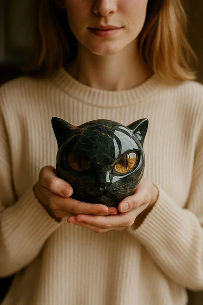 Decoratieve Kattenkop Sculptuur – Glanzende Afwerking met Hypnotiserende Ogen