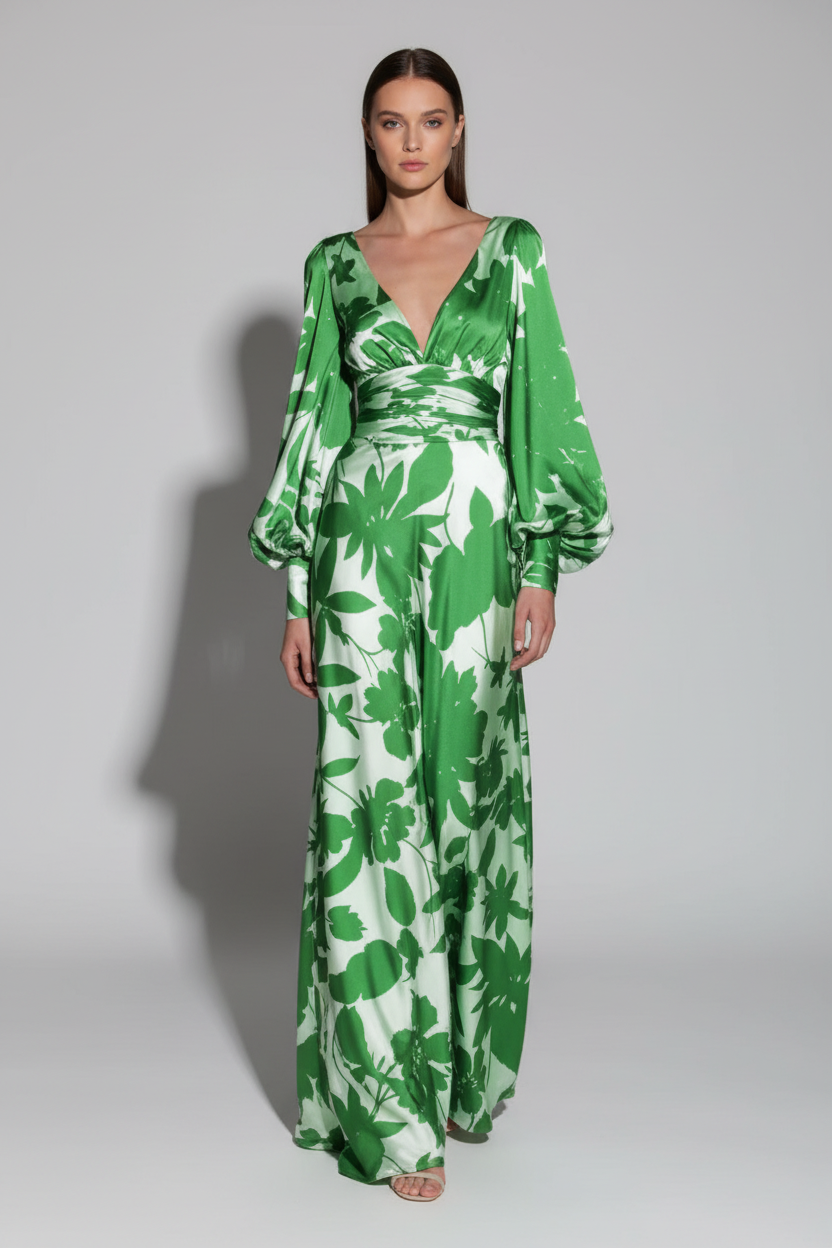 Felicia Maxi Jurk Groen – Model Grijze Achtergrond