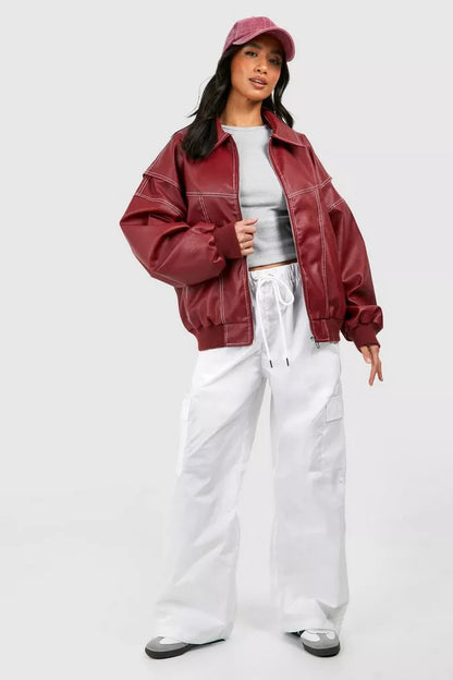 Dames Leren Jas Rood Oversized Stoer en Trendy