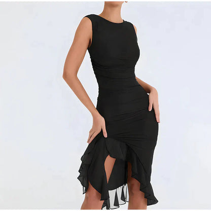 Korte Bodycon Jurk met Ruches en Hoge Hals - StudioMarella