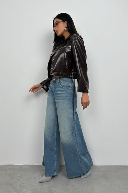 Leren Jas Kort met Wijde Jeans voor Stoere Streetwear Stijl