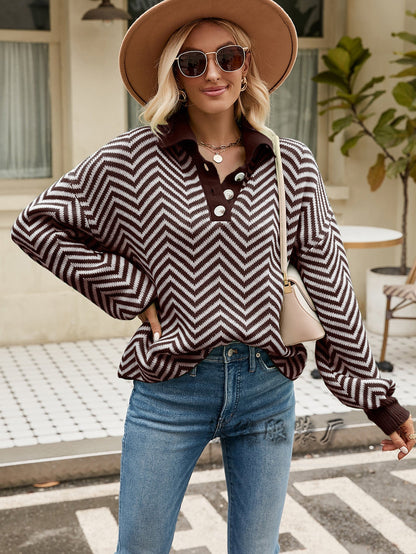 Dames Trui met Zigzagpatroon en Hoge Kraag