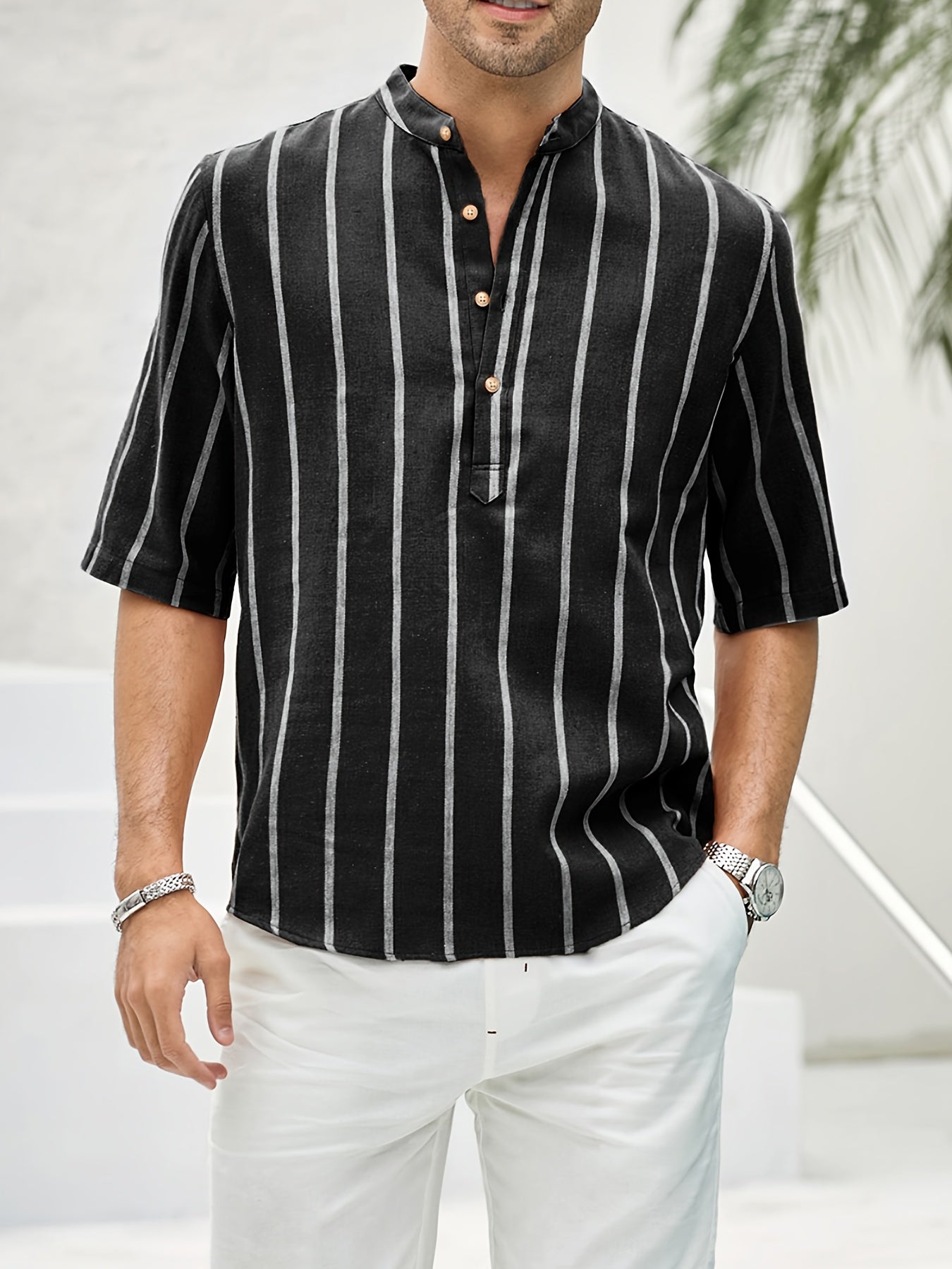 Mannen Zomerhemd Korte Mouwen Strepen Henley Stijl