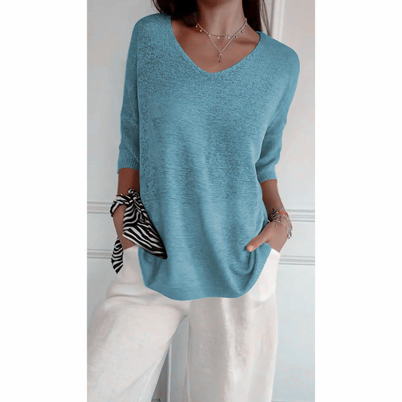 Dames Top Met V-hals Driekwartmouwen Fijngebreid Casual