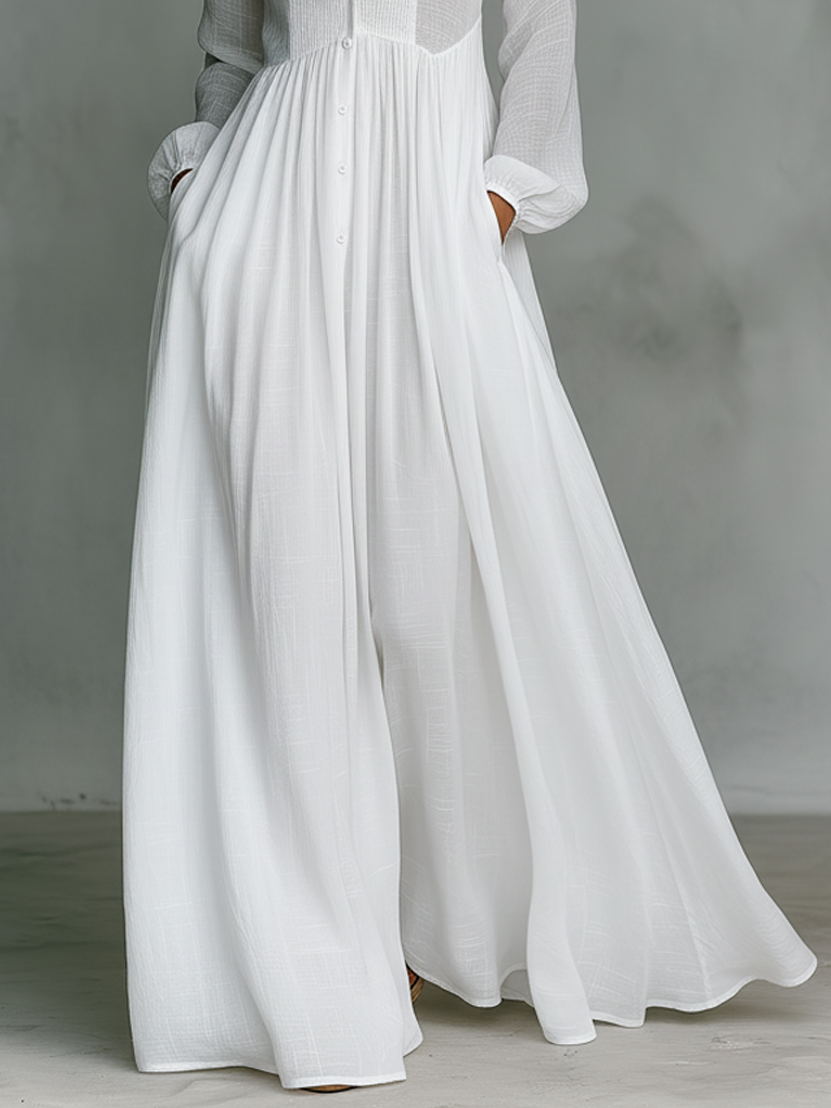 Dames maxi-jurk linnen patchwork staande kraag
