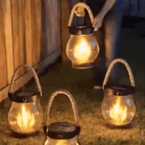 Zonne-energie Lantaarn Vlam Effect 22 LED 25,5cm Buiten Tuin Terras Hangend Zonne-energie Sfeerverlichting Henneptouw Waterdicht
