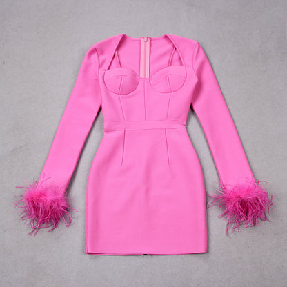 Korte Jurk voor Vrouwen met Veer Details Elegante Minirok