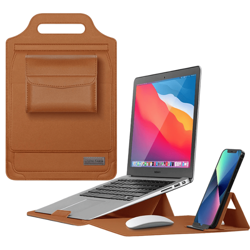 Luxe Laptop Sleeve met Verstelbare Standaard | Ergonomisch PU-Leer Werkstation voor 11-15.6 Inch | Mobiele Kantooroplossing