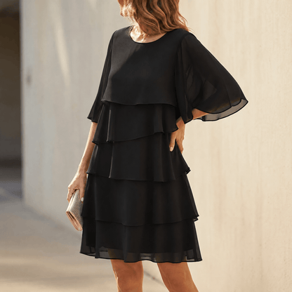 Gelaagde Ruffle Jurk voor Vrouwen – Vloeiende Chiffon met Vleugelmouwen & 4 Lagen