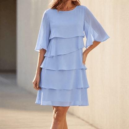 Gelaagde Ruffle Jurk voor Vrouwen – Vloeiende Chiffon met Vleugelmouwen & 4 Lagen