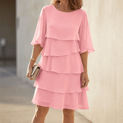 Gelaagde Ruffle Jurk voor Vrouwen – Vloeiende Chiffon met Vleugelmouwen & 4 Lagen
