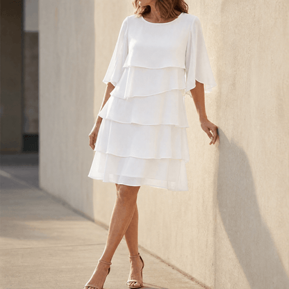 Gelaagde Ruffle Jurk voor Vrouwen – Vloeiende Chiffon met Vleugelmouwen & 4 Lagen