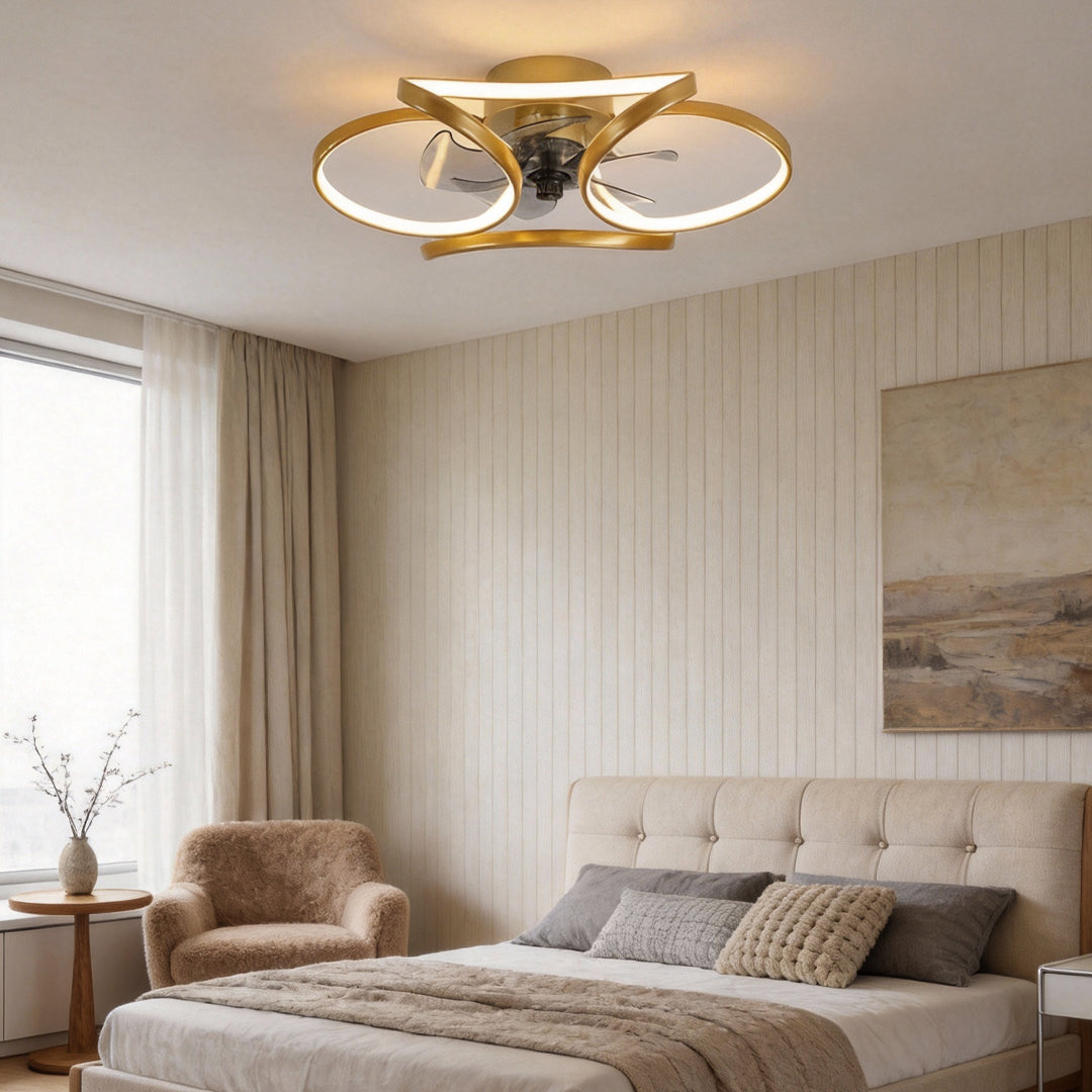 Moderne Bloem Plafondventilator Met LED Verlichting En Afstandsbediening 3000K–6000K Dimbaar In Goud Wit Of Zwart