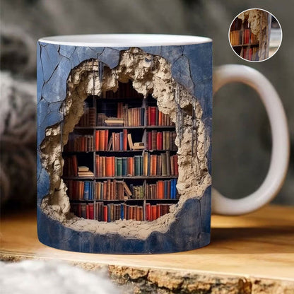 Keramische Mok met 3D-Boekenplankdesign – Gezellige Mokken voor Boekenliefhebbers