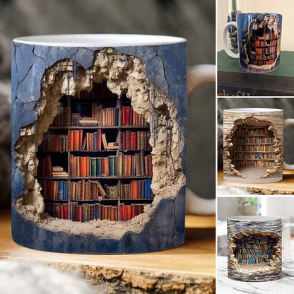Keramische Mok met 3D-Boekenplankdesign – Gezellige Mokken voor Boekenliefhebbers