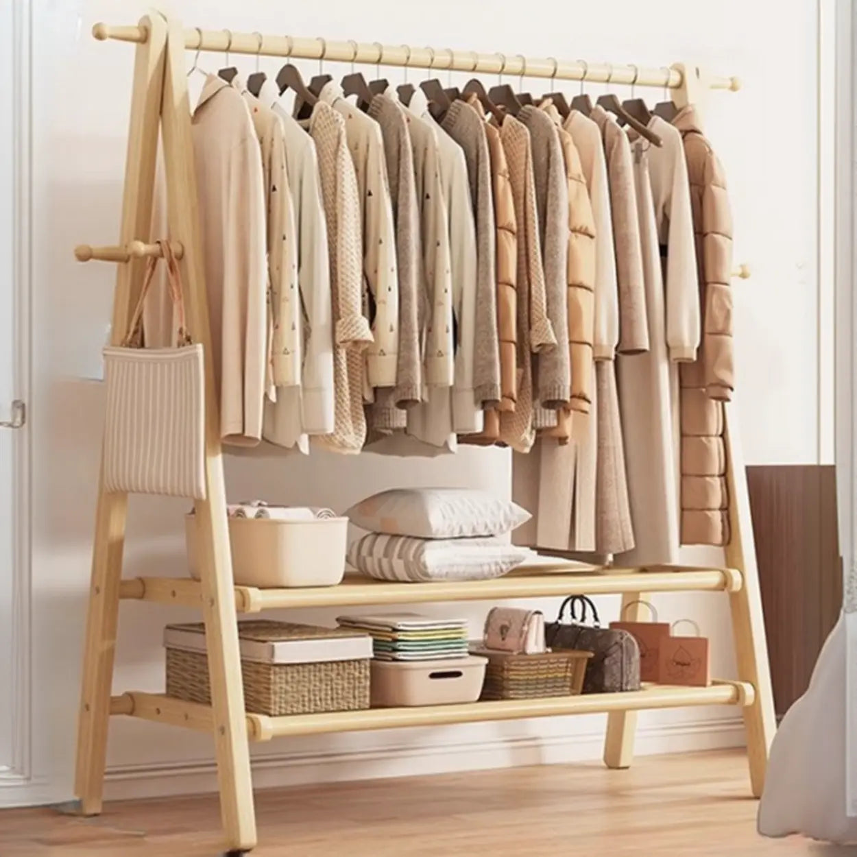Kapstok Beukenhout Inklapbaar A-Vorm Haken Plank 150cm Hal Slaapkamer Naturel
