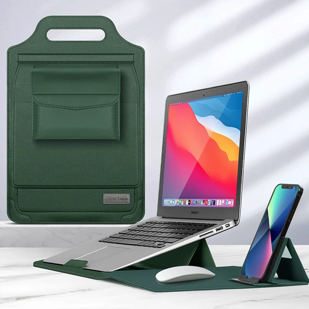 Luxe Laptop Sleeve met Verstelbare Standaard | Ergonomisch PU-Leer Werkstation voor 11-15.6 Inch | Mobiele Kantooroplossing
