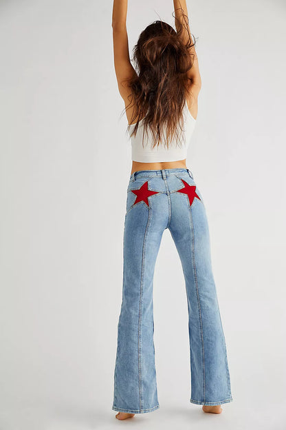Hoge Taille Flared Jeans Rode Sterrenprint