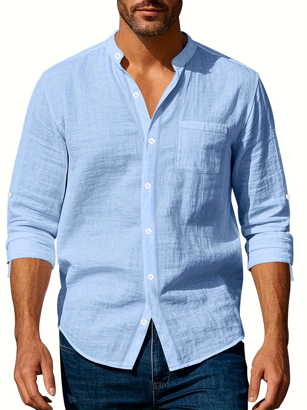 Heren Linnen Overhemd met Mao Kraag Casual Fit
