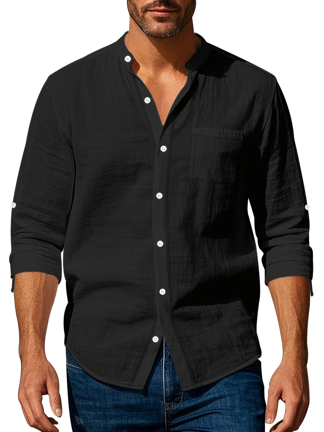 Linnen Overhemd Heren Mao Kraag Casual Fit