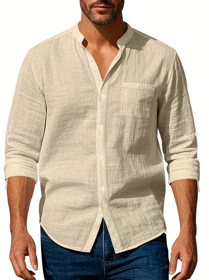 Heren Linnen Overhemd met Mao Kraag Casual Fit
